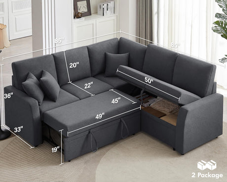 AMERLIFE Sofa Bed, 85 Inch Reversible L Shape Couch with Pull Out Bed & Storage Seat, Oversized Sectional Sleeper Bed for Living Room Apartment, Grey Linen Sleeper Sofa Couch AMERLIFE