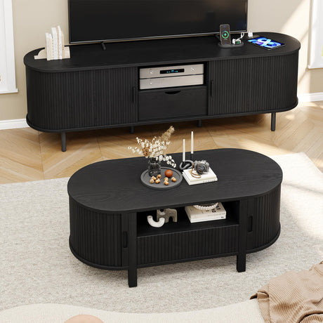 47 Inch Oval Coffee Table, Fluted Coffee Tables with Storage, Mid-Century Modern Living Room Tables, Center Table with Sliding Door and Wood Handle for Living Room, Black ComfyCorner