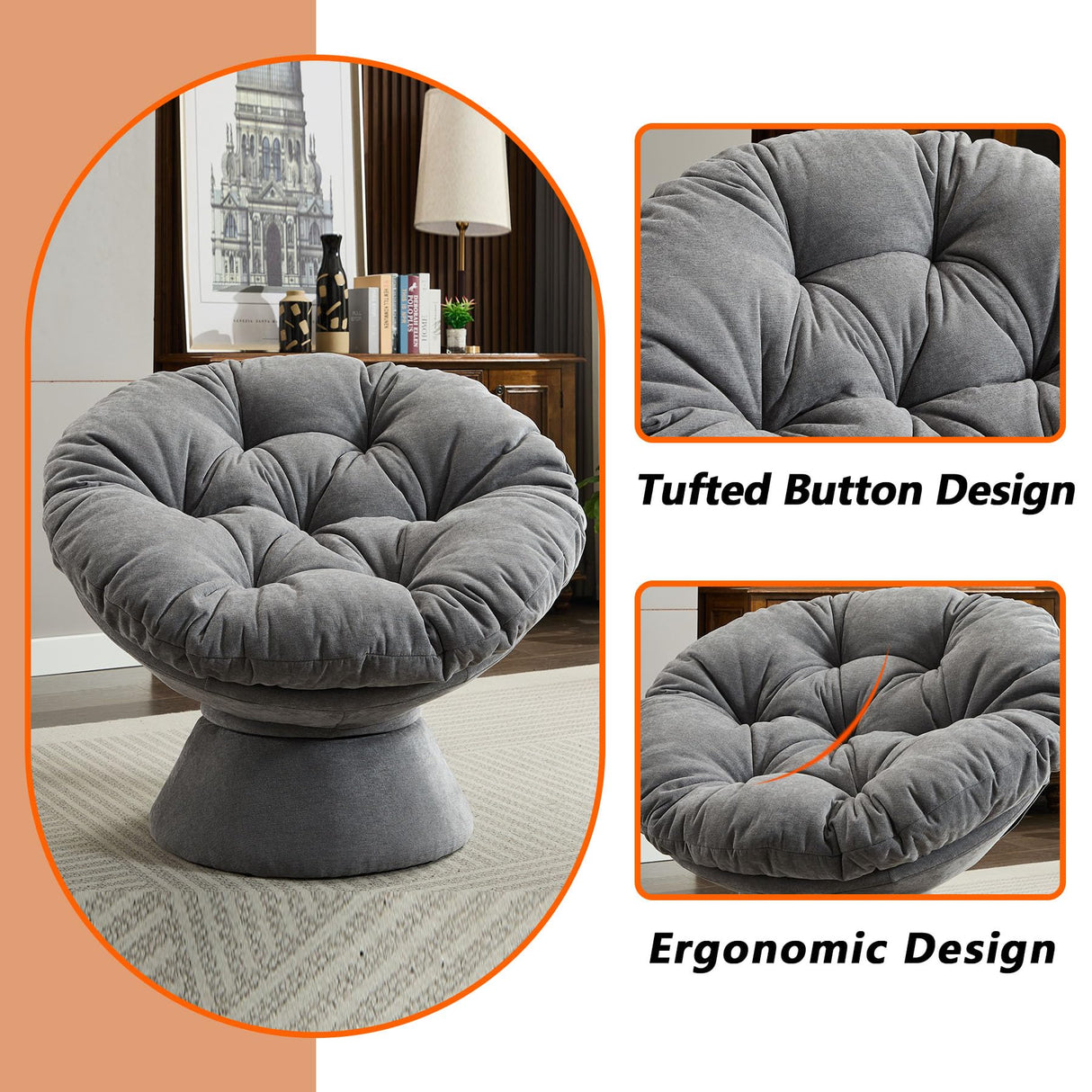 Nahenduo Modern Oversized Chenille Papasan Chair, 360° Swivel Chair with Thick Cushion, Comfortable Lounge Accent Chair for Living Room, Bedroom, Reading Nook (Dark Grey) Nahenduo