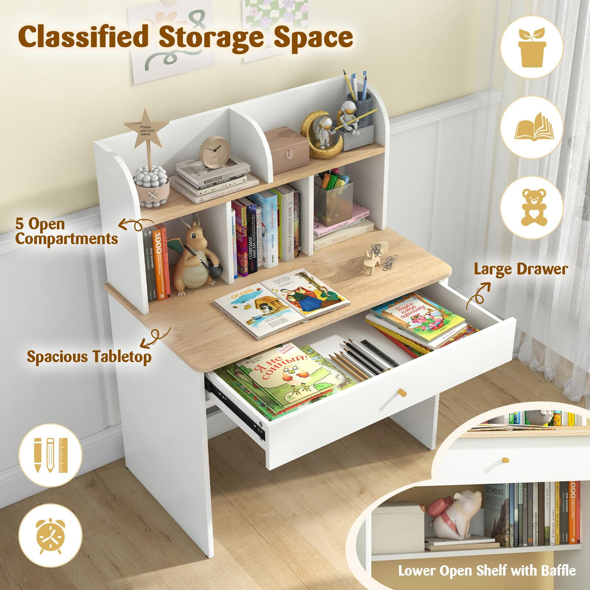 HONEY JOY White Kids Desk, Wooden Children School Study Table with Hutch, Pull-Out Drawer, Storage Shelves, Student Writing Desk Computer Workstation for Bedroom, 3+ Years Old HONEY JOY