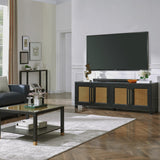 JYED Mid Century Modern TV Stand for TVs up to 75", with Gold Hollow Metal Mesh Decorated, Boho TV Console with Storage Cabinets, Black TV Stand for Living Room, 69.5"x15.6"x24.8" JYED DECOR
