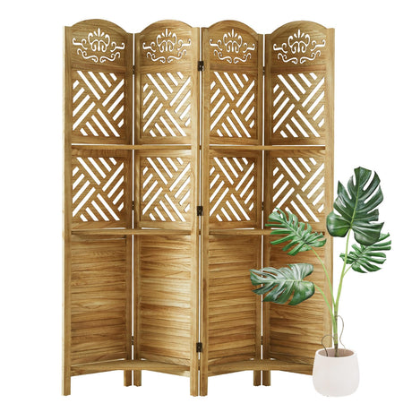Room Divider with Shelves, 5.75ft Tall Folding Wood Carved Screen with Double Hinges for Home Office Bedroom Hotel Decoration (4 Panels, Natural) Svimi