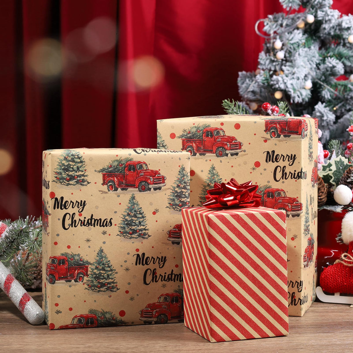 BIOBROWN Reversible Kraft Christmas Wrapping Paper - 17 Inch X 33 Feet (46.7 sq. ft. ttl.) - Vintage Trucks Design Perfect for Xmas, Party, Holiday Gift Wrap BIOBROWN
