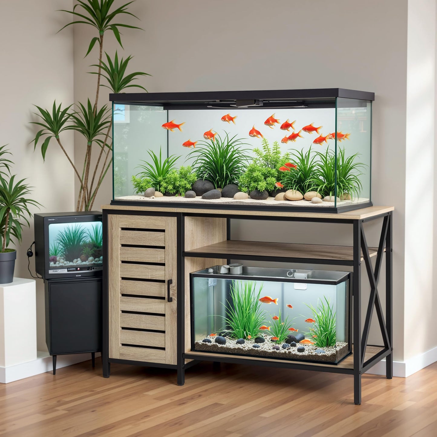 YESHOMY 55-75 Gallon Aquarium Stand, Fish Tank Stand with Power Outlets and USB Port & Type-C Port, Adjustable Shelves, Heavy Duty Metal Frame, 1200lbs Capacity, Oak