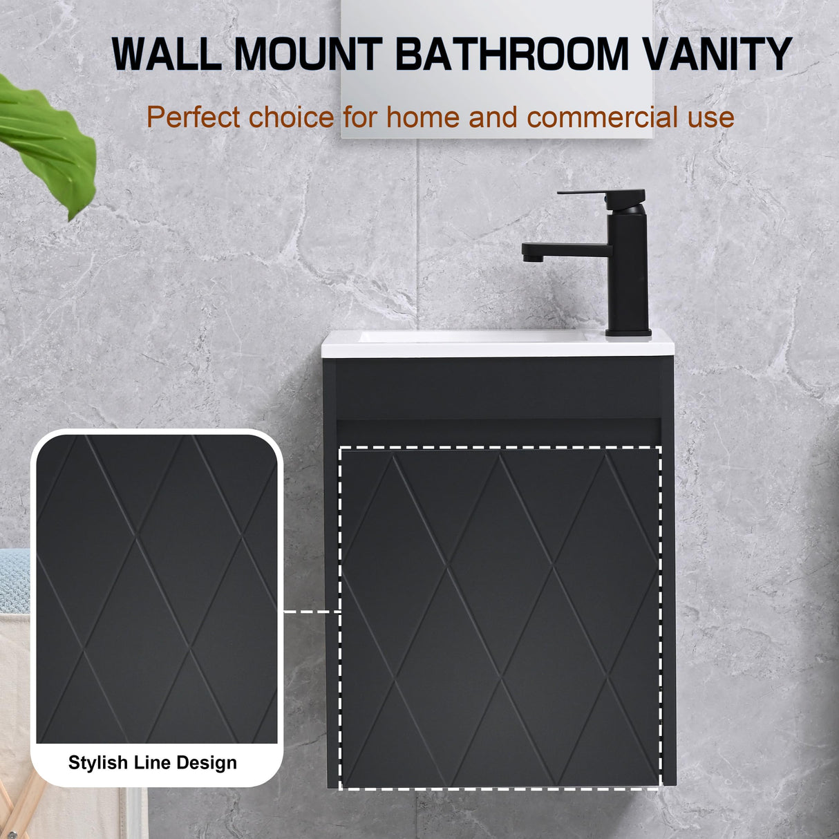 USBATHJOY 16" Bathroom Vanity Sink Combo for Small Space, Wall Mounted Bathroom Cabinet Set with White Resin Basin Sink Top Black Faucet Pop Up Drain Black USBATHJOY
