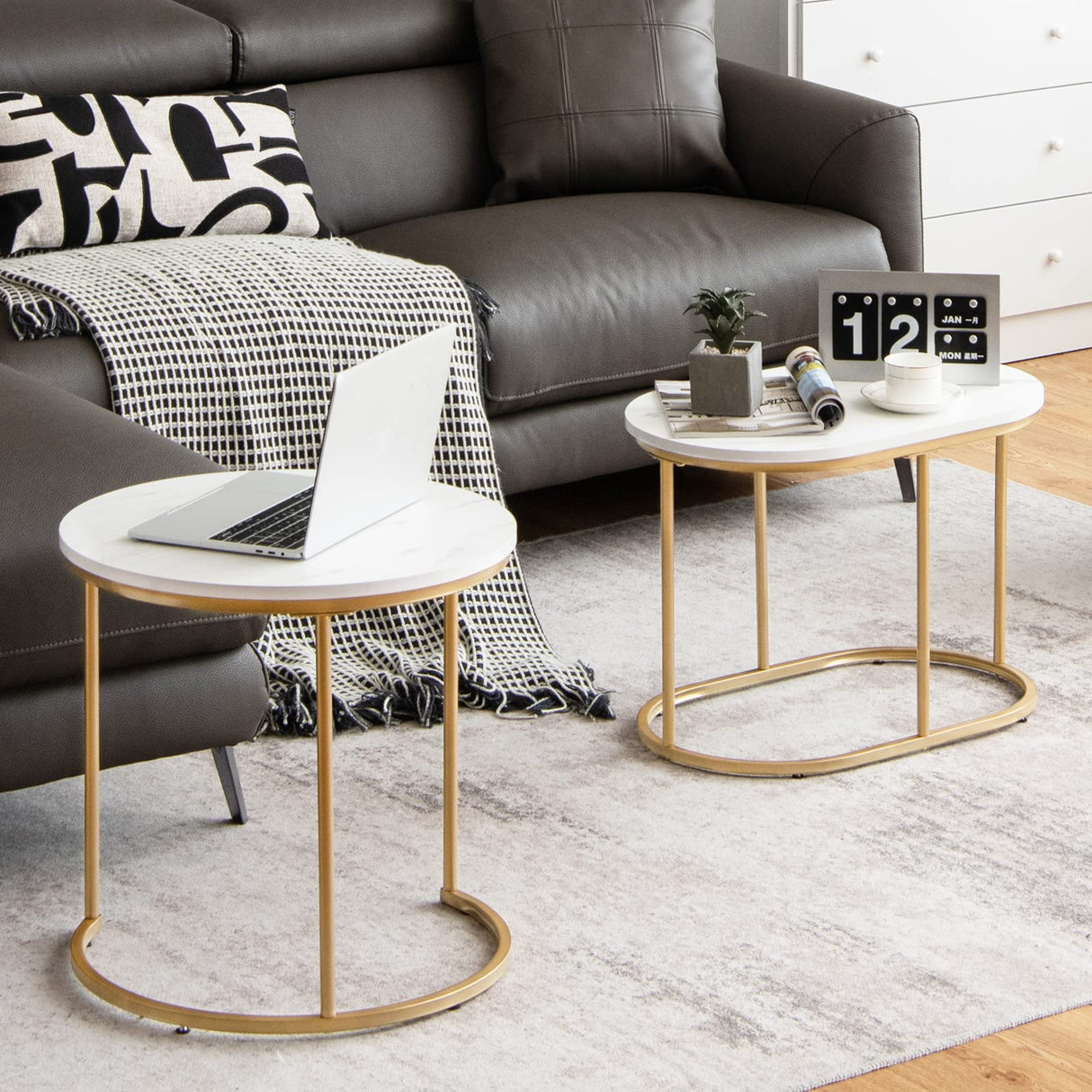 Giantex Modern Nesting Coffee Table Set of 2, Coffee Table & End Table Sets, Golden Steel Frame, Easy Assembly, Accent Marble-Look Stacking Side Table for Living Room Bedroom Apartment (Gold) Giantex