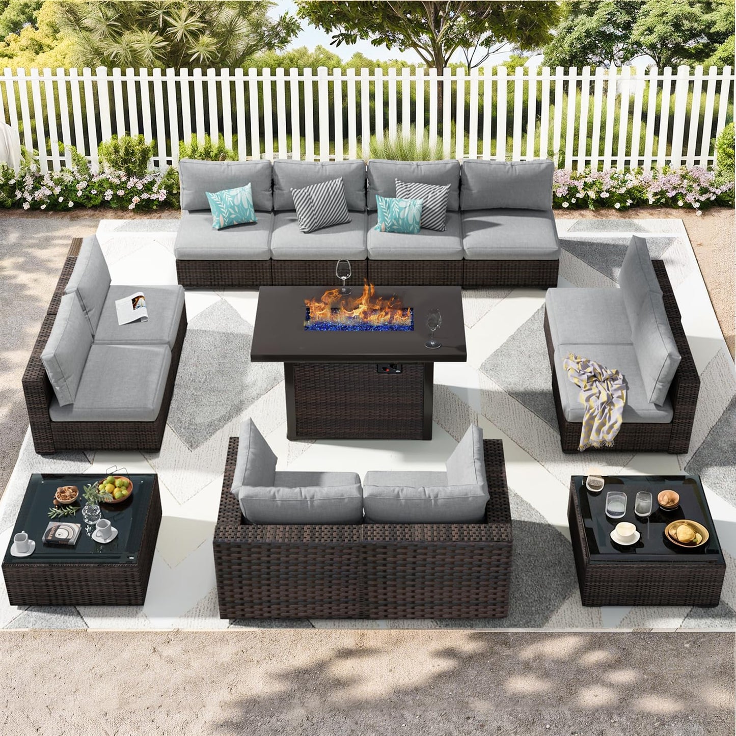 Outdoor Patio Furniture Set with Fire Pit Table, 13 Pieces Outdoor Furniture Set Patio Sectional Sofa w/42in Propane Fire Pit, PE Wicker Rattan Patio Conversation Sets - Grey