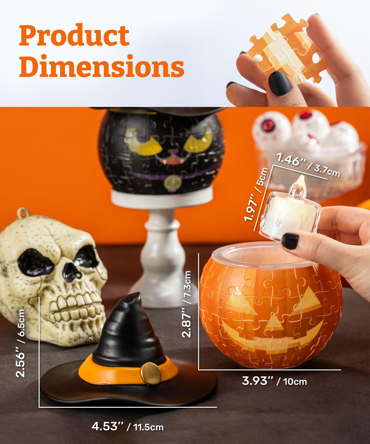 PieceRelax 3D Halloween Puzzle Candle Light - LED Jack O’ Lantern Decor with Flameless Tea Lights - Battery Operated Plastic Pumpkins for Indoor & Outdoor Spooky Decorations, Magic Cat [KL1075] PieceRelax