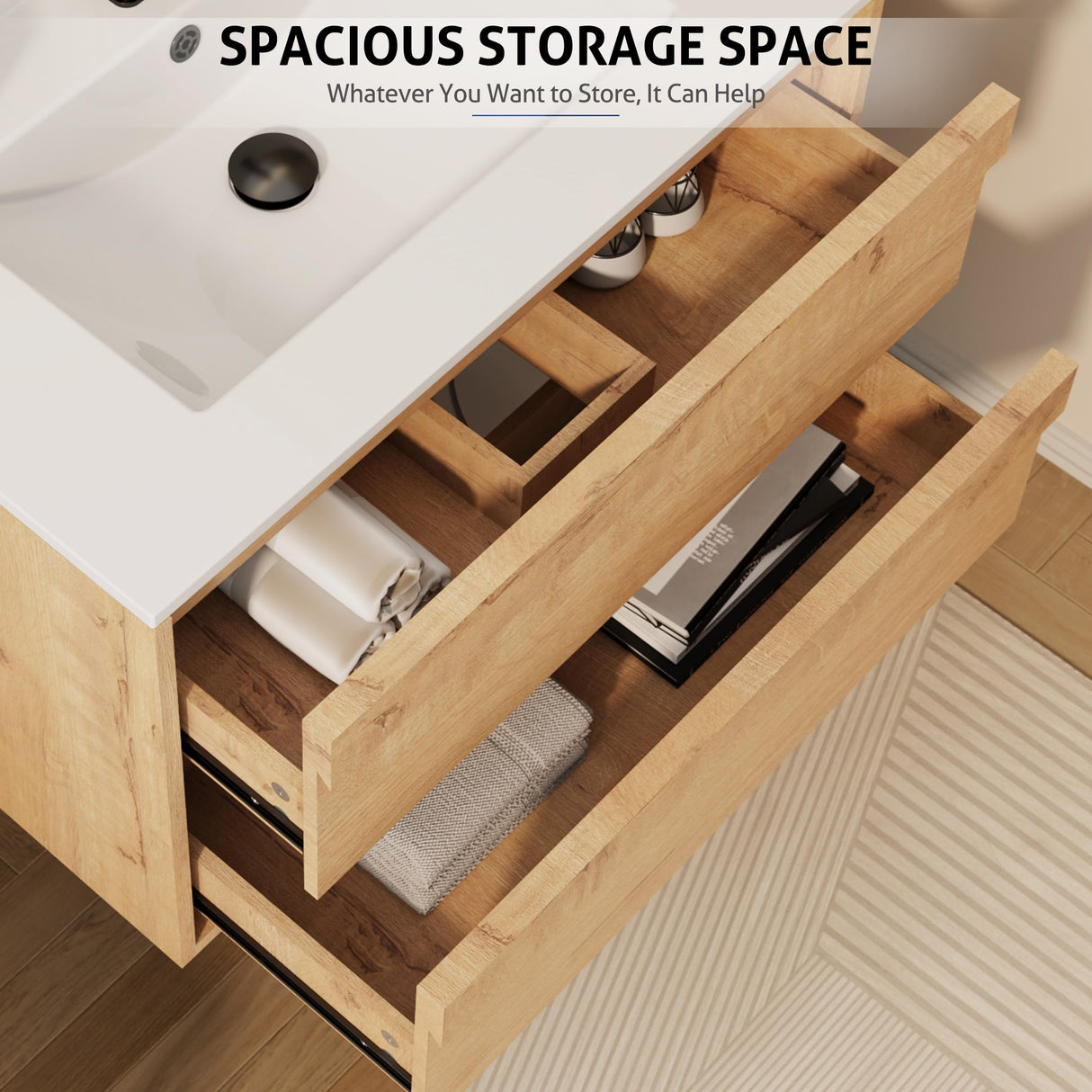 eclife 30" Floating Bathroom Vanity with Ceramic Integrated Sink Combo, Wall Mounted Storage Cabinet with 2 Drawers, Matte Black Faucet & Pop Up Drain, Nature eclife