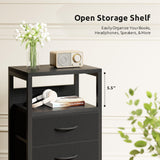 NightStand Bedside Charging Table Bedroom - Night Stand with Charger Station, Modern Nightstand with Open Shelf & 2 Fabric Drawers, Bed Side Table with USB-C USB Ports & AC Outlets for Dorm, Black Lazzanto