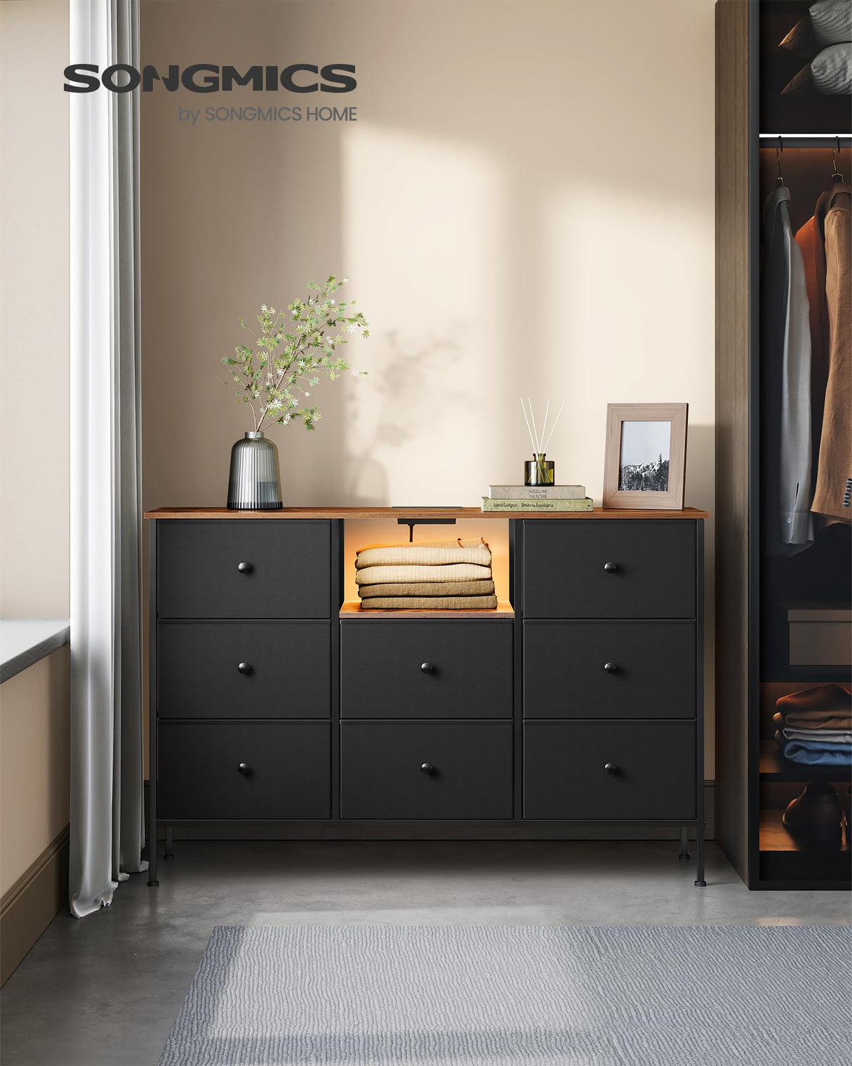 SONGMICS Dresser with Power Outlets and LED Lights, Fabric Chest of Drawers, 25 Colors, 8 Drawers, TV Stand for up to 60 Inch TVs, 11.8 x 47.2 x 31.3 Inches, Ink Black and Rustic Brown ULTS518B01 SONGMICS