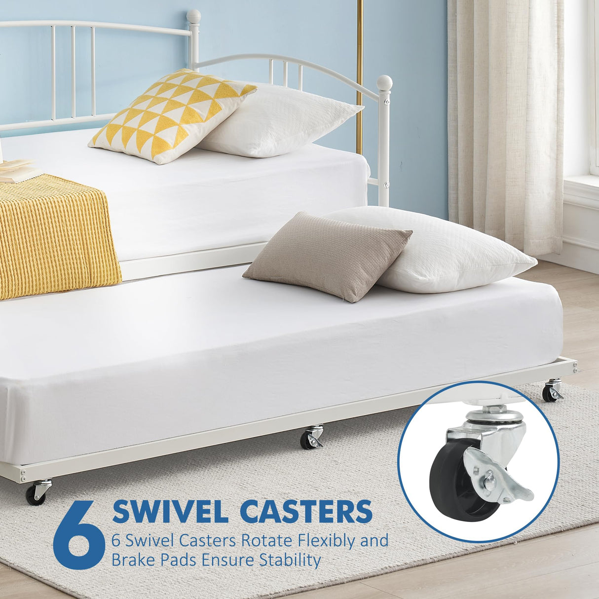 GarveeHome Daybed with Trundle, Sturdy Metal Day Bed with Steel Slat Support, Trundle Bed Twin with Arched Headboard, SofaBed for Living Room, Bedroom and Guest Room, White GarveeHome