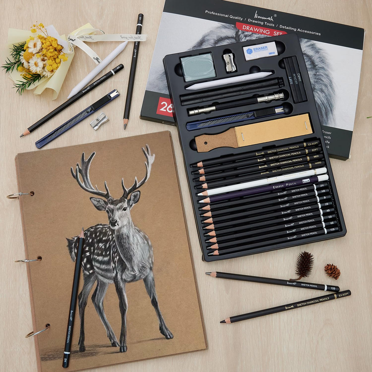 Brusarth Charcoal Pencils for Drawing, Set of 26, Professional Drawing Sketch Pencils, Art Supplies for Drawing, Shading, Sketching, Blending, Artist Pencils for Beginners & Pro Artists Brusarth