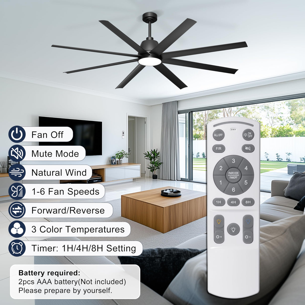 Phylluz 72'' Ceiling Fan with Light - Remote & APP Control, 3 CTT Dimmable, 6 Speed Reversible DC Motor Fan for Shop, Garage, Covered Outdoor, Black Phylluz