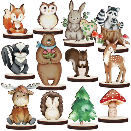 Geetery 12 Pcs Woodland Animals Wooden Animal Cutout Shapes Forest Painted Woodland Baby Shower Decorations Wild Creatures Wood Table Centerpieces for Forest Camp Party Supplies (Cute) Geetery