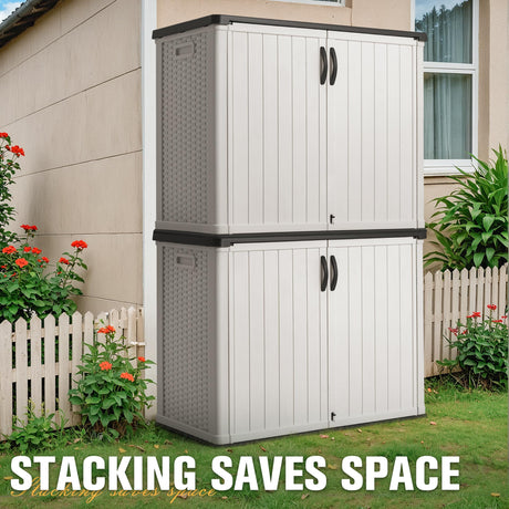 Greesum Outdoor Horizontal Storage Sheds 27 Cu.ft Resin Large Storaged Box Weather Resistance, Without Shelf, Easy to Assemble, Prefect for Garden, Patios, Backyards, White Greesum