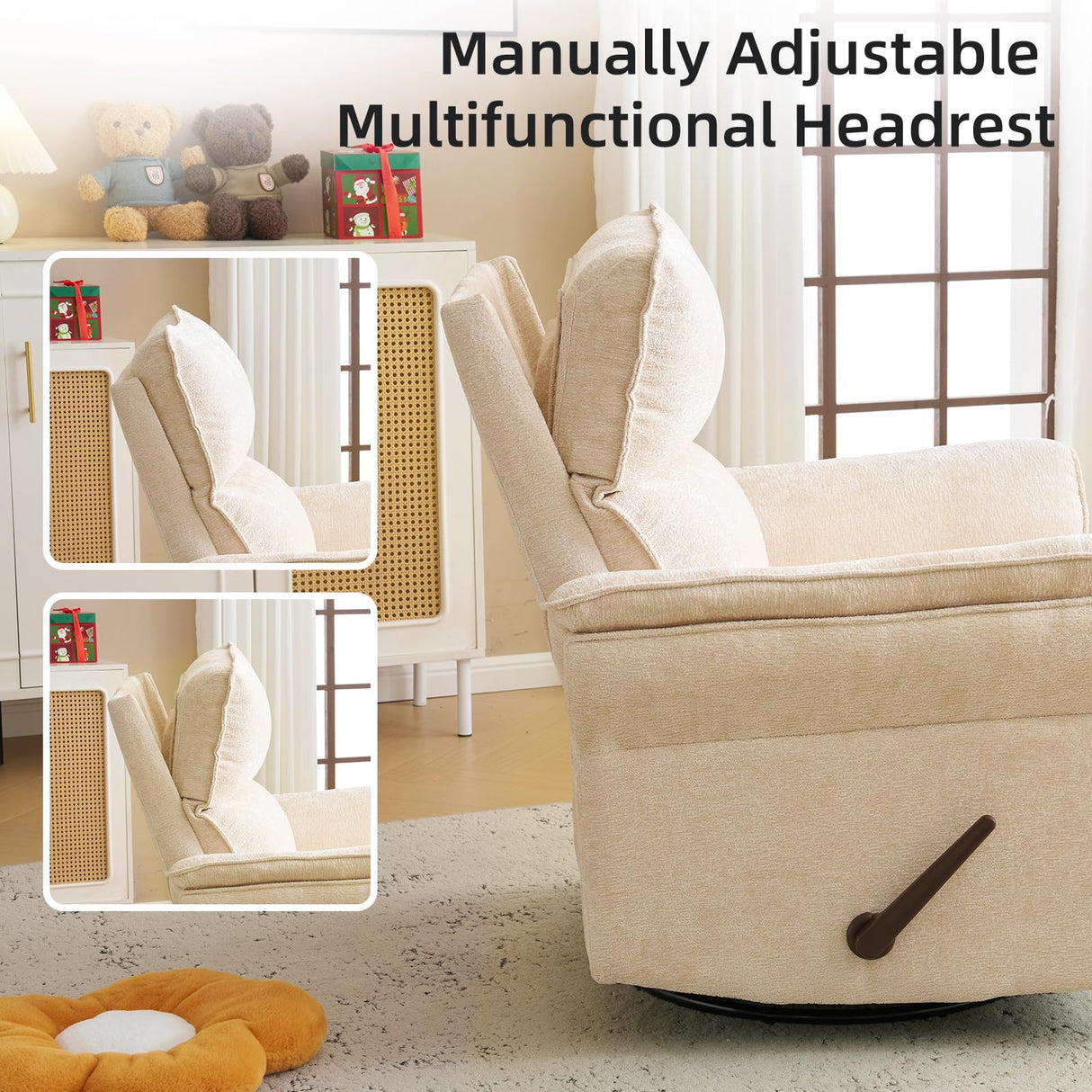 Rhevoy Oversized Recliner Chair, 26" Extra Wide 360° Swivel Rocker Recliner with Adjustable Headrest, Chenille Glider Rocking Nursery Chair with Overstuffed Armrest, Lumbar Support, Beige Rhevoy