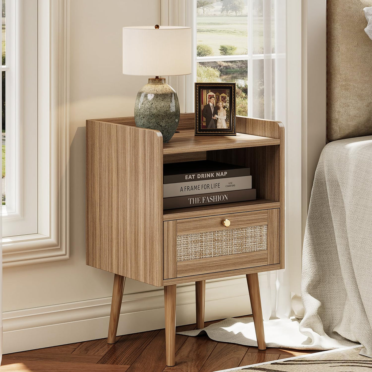 Night stand Set of 2, Bedside Tables with Charging Station, Rattan End Tables, Bed Side Tables, Wood Nightstands set of 2 for Farmhouse Kids' Room Bedroom Living Room Dorm Sofa Office Corner(Brown) MECHYIN