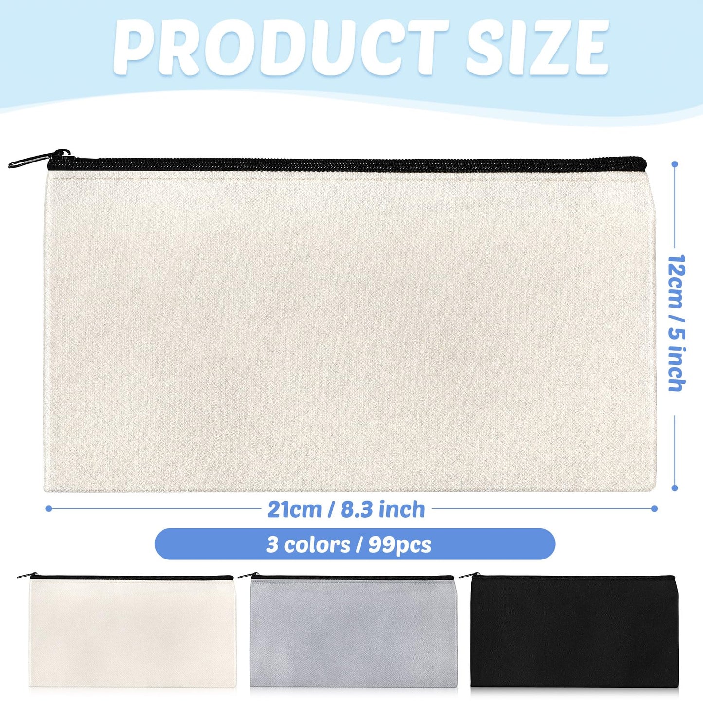 99 Pack Blank Canvas Bag Bulk DIY Craft Canvas Zipper Pouch Sublimation Blanks Canvas Makeup Bag Canvas Pouch Pencil Bag Cosmetic Travel Toiletry Storage Zipper Bag 8.3 x 5 Inch(Gray, Black, White)