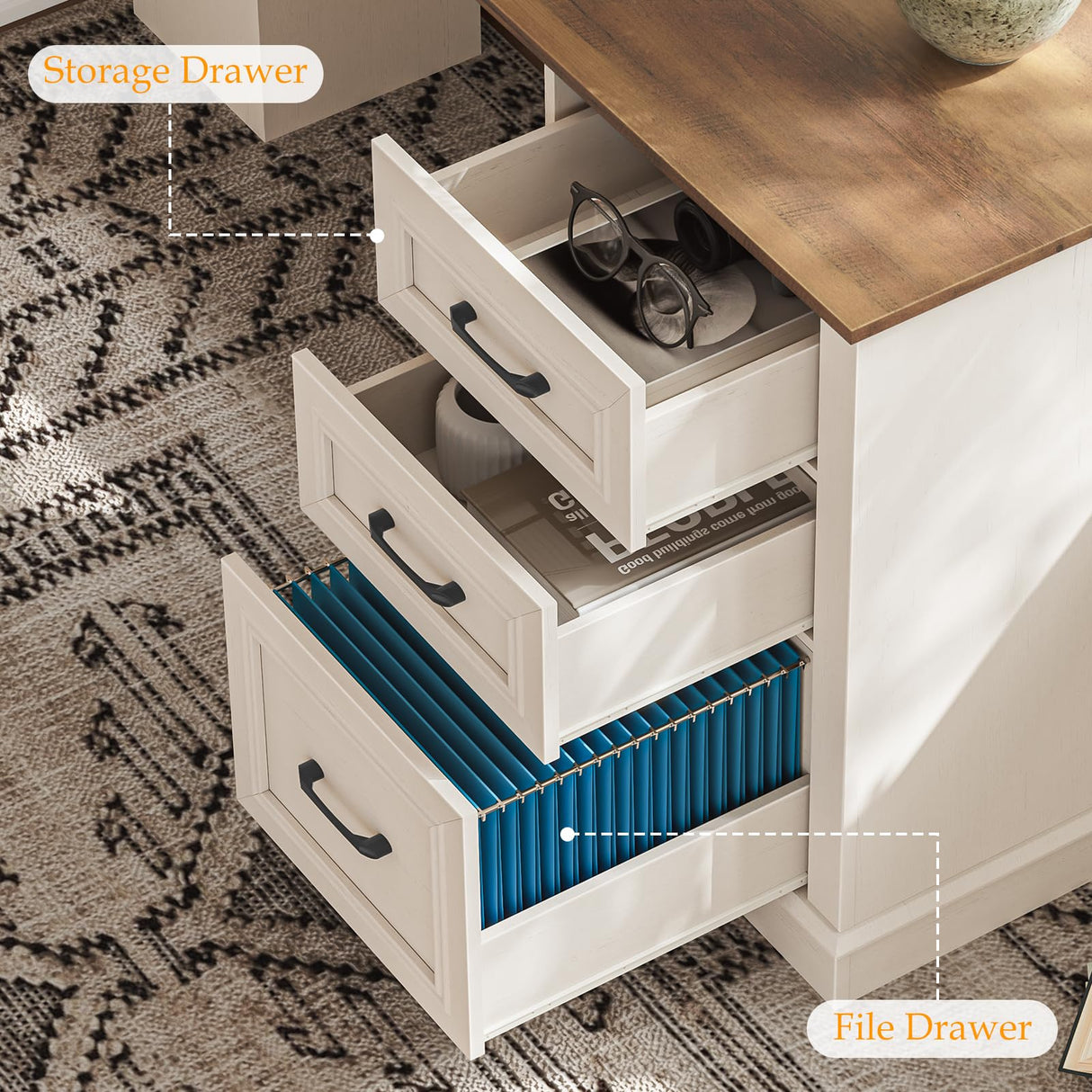 Farmhouse 59" L-Shaped Executive Desk with Drawers, Wood Home Office Corner Desk with Charging Station, File Drawer, Storage Cabinet, Rustic Computer Writing Desk for Home Office (Antique White). Vabches