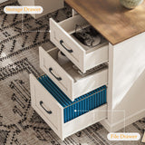 Farmhouse 59" L-Shaped Executive Desk with Drawers, Wood Home Office Corner Desk with Charging Station, File Drawer, Storage Cabinet, Rustic Computer Writing Desk for Home Office (Antique White). Vabches