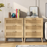 Irontar Set of 2 Rattan Nightstand with Charging Station, Night Stand with 3 Large Rattan Drawers, Accent End Table, Bedside Table with Solid Wooden Legs for Bedroom, Natural BZZ006ME02 Irontar