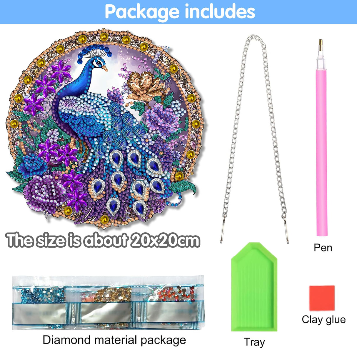 Reofrey Hanging Diamond Art Kits for Adults - 8x8 Inch Peacock Animal Acrylic Board Double Sided Pattern Diamond Painting Suncatcher Pendant, Crystal Art for Home Wall Window Decoration Handmade Gift Reofrey