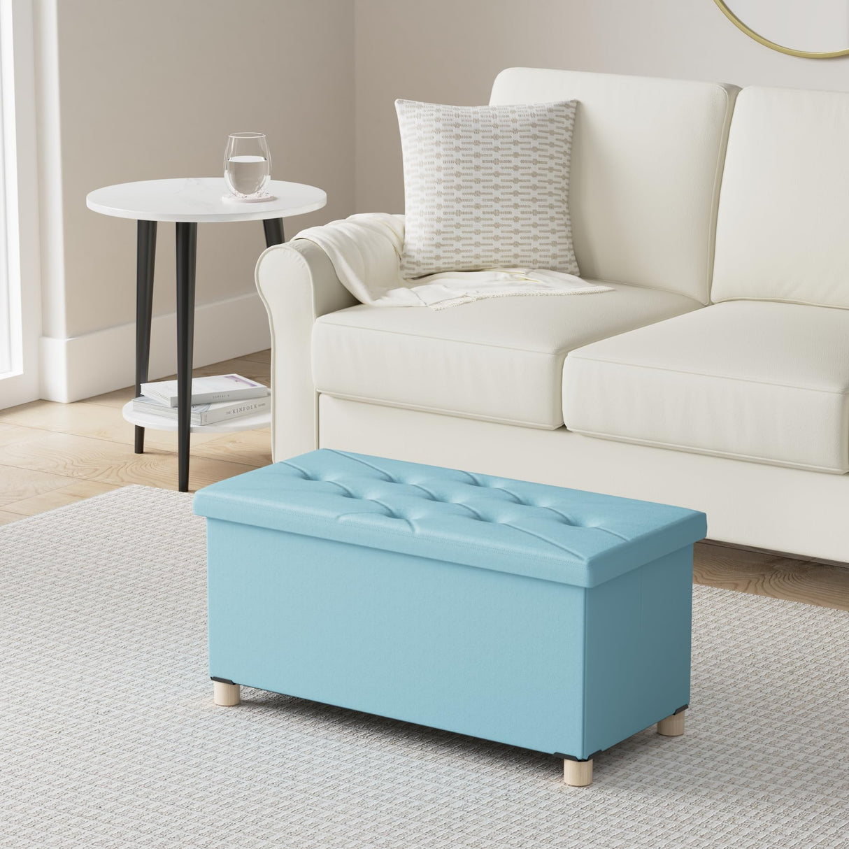 BRIAN & DANY 30 Inches Folding Storage Ottoman Bench, Ottoman with Storage for Living Room, with Wooden Feet and Lid, Teal BRIAN & DANY