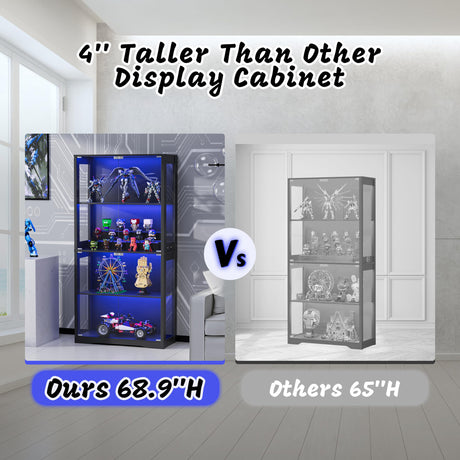 BlueWish 70" Display Cabinet with Glass Doors, 4-Tier Curio Cabinet with 3 Color LED Lights for Collectibles, Glass Display Case with Human Body Sensor, Storage Cabinets for Living Room, Office, Black BlueWish