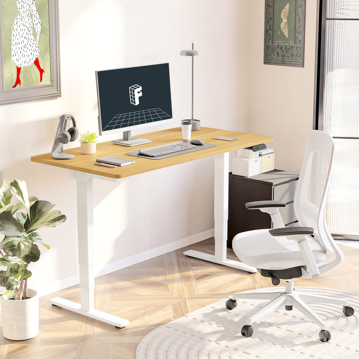 FLEXISPOT E6 Essential 3 Stages Dual Motor Electric Standing Desk 55x28 Inch Whole-Piece Board Height Adjustable Electric Sit Stand Desk(White Frame + Maple Desktop, 2 Packages) FLEXISPOT