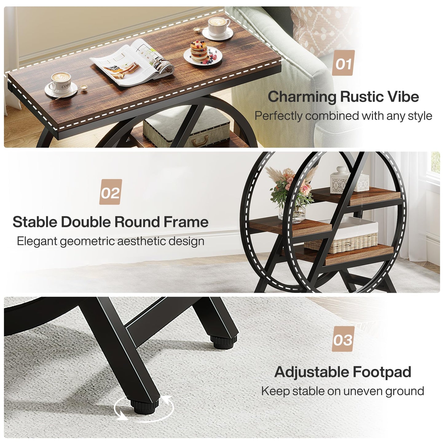 Tribesigns End Table for Living Room, 3-Tier Narrow Side Table with Storage, Wood Sofa Side Table with Geometric Metal Frame, Industrial Nightstand and Bedside Table for Bedroom - WoodArtSupply