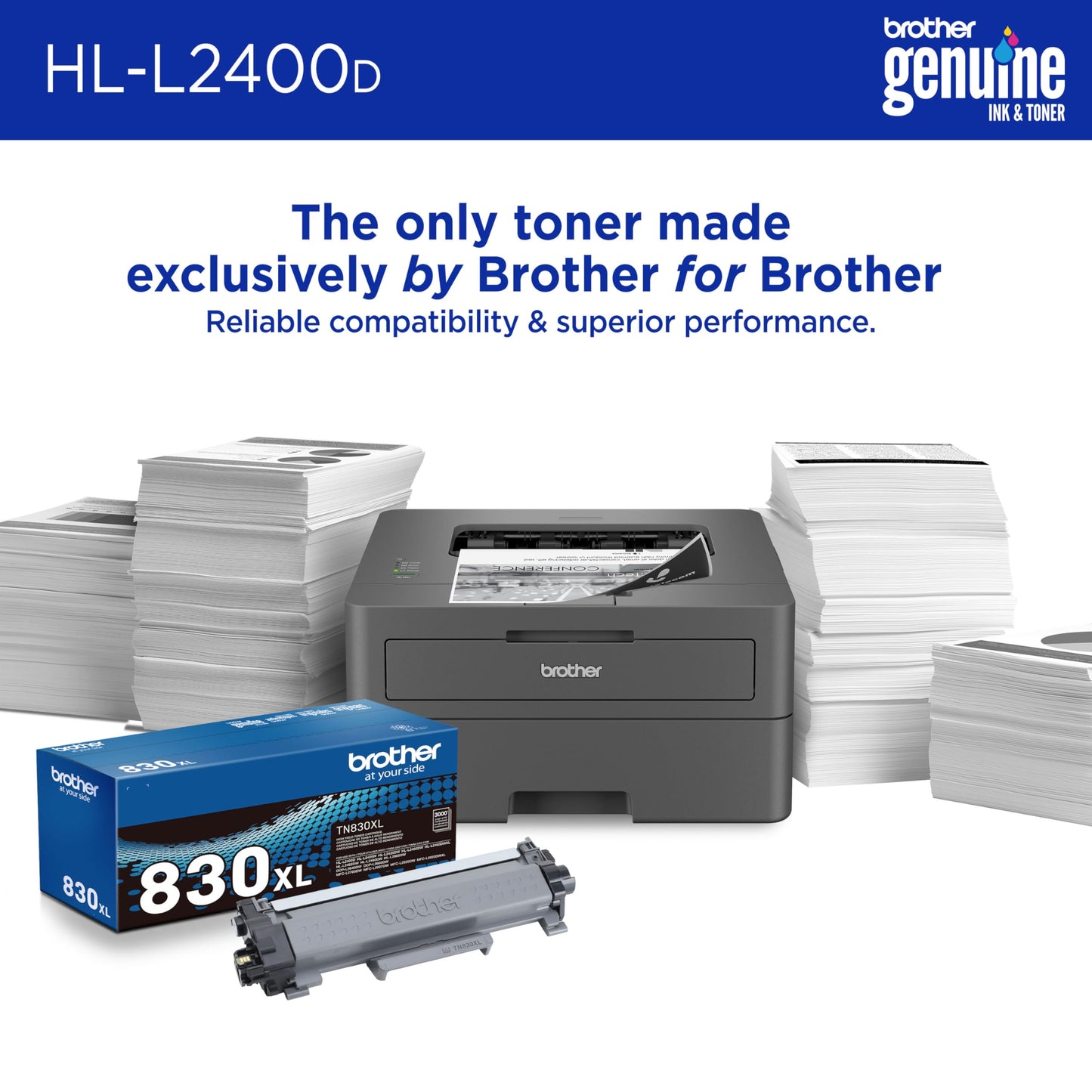 Brother HL-L2400D Compact Monochrome Laser Printer with Duplex Printing, USB Required (Cable not Included), Black & White Output