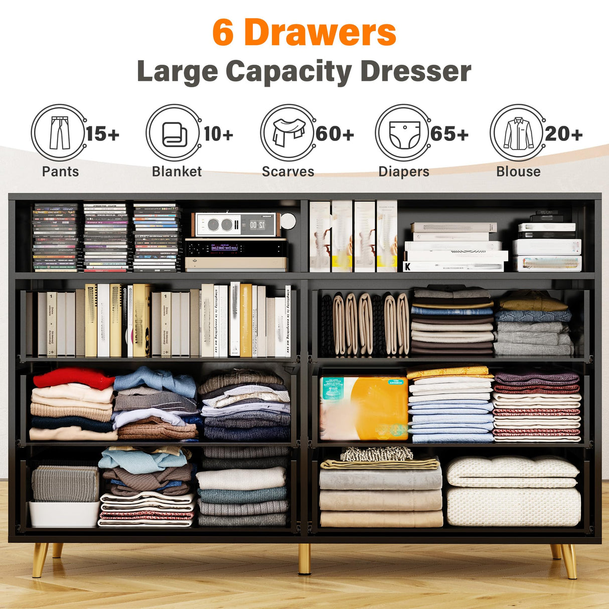 EnHomee Black Dresser for Bedroom with 6 Drawers and Shelves,Modern Wood Dresser with LED Lights,Large TV Stand,Hallway,47.3" W x 39.4" H x 15.8" D,Black EnHomee