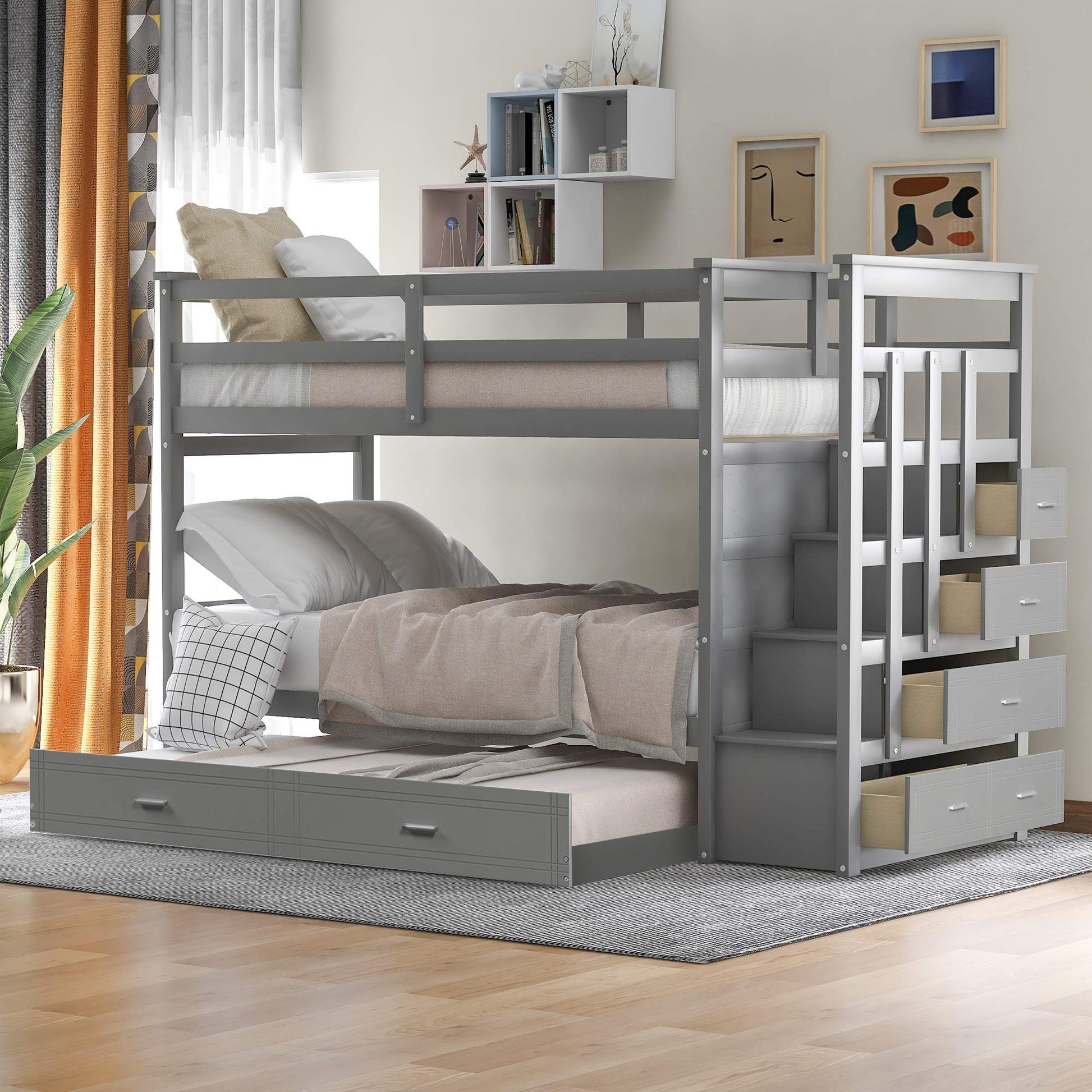 Bellemave Grey Twin Over Twin Bunk Bed with Trundle, 4 Storage Drawers, Staircase & Safety Guard Rails - WoodArtSupply