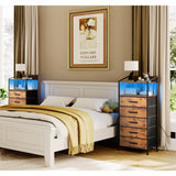EKNKOZY Nightstand 5 Drawer Dresser with LED Lights and Charging Station, Vertical Side Table with Fabric Drawers, End Table with Open Shelf, Tall Dresser for Bedroom, Hallway, Entryway, Rustic Brown EKNKOZY
