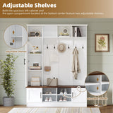 Merax Farmhouse Wood Hall Tree with 6 Hooks and Shoe Bench, Mudroom Versatile Coat Racks with Cabinets and Shelves, Entrance Organizer for Hallway White Merax
