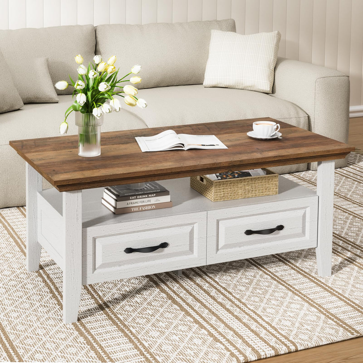 Amada Coffee Table for Living Room, 39.4" Small Coffee Table with Storage, Open Display Shelf and Hidden Drawers, Farmhouse Wood Center Table Ideal for Home Office, White and Oak AMADA HOMEFURNISHING