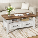 Amada Coffee Table for Living Room, 39.4" Small Coffee Table with Storage, Open Display Shelf and Hidden Drawers, Farmhouse Wood Center Table Ideal for Home Office, White and Oak AMADA HOMEFURNISHING