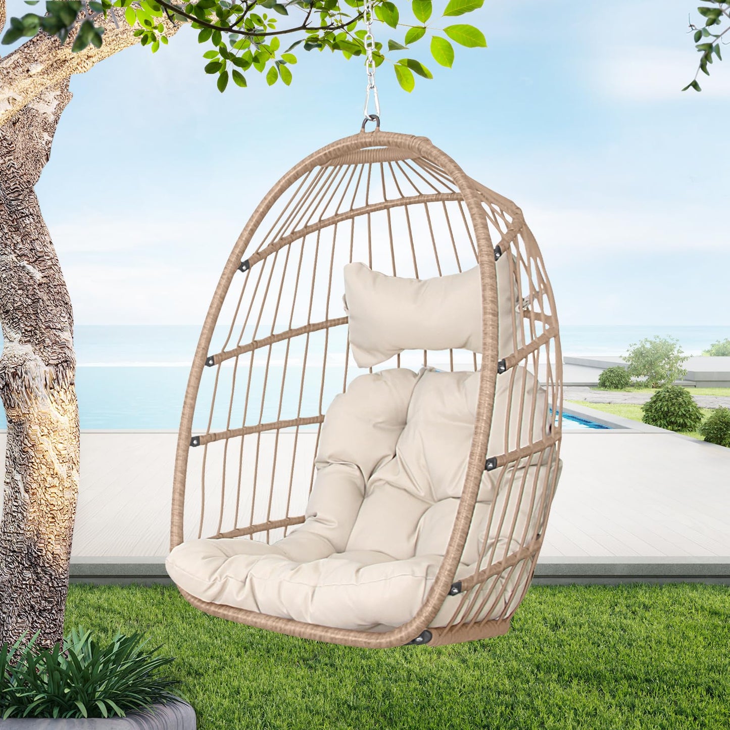 Swing Egg Chair Without Stand Indoor Outdoor Wicker Rattan Patio Basket Hanging Chair no Stand with UV Resistant Cushions 265lbs Capacity for Bedroom Balcony Patio (Beige) - WoodArtSupply