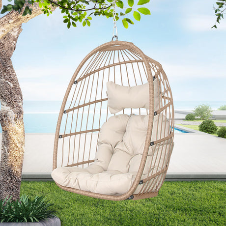 Swing Egg Chair Without Stand Indoor Outdoor Wicker Rattan Patio Basket Hanging Chair no Stand with UV Resistant Cushions 265lbs Capacity for Bedroom Balcony Patio (Beige) BULEXYARD