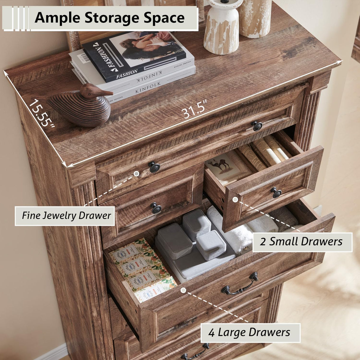 Aitjunz Farmhouse 7 Drawers Dresser for Bedroom, 57" Tall Large Dressers & Chests of Drawers w/Roman Column, Storage Dressers Organizer for Bedroom, Hallway, Living Room, Light Brown Aitjunz