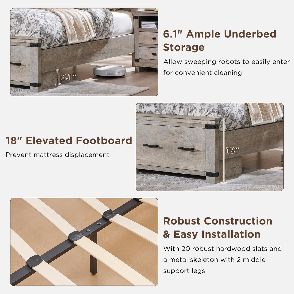 RedLemon Farmhouse Queen Bed Frame with 54" Geometric Headboard & Storage Drawers in Light Rustic Oak RedLemon