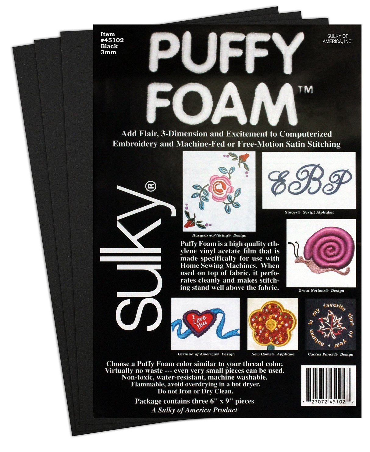 Sulky Of America 3mm Puffy Foam, 6" by 9", Black Sulky