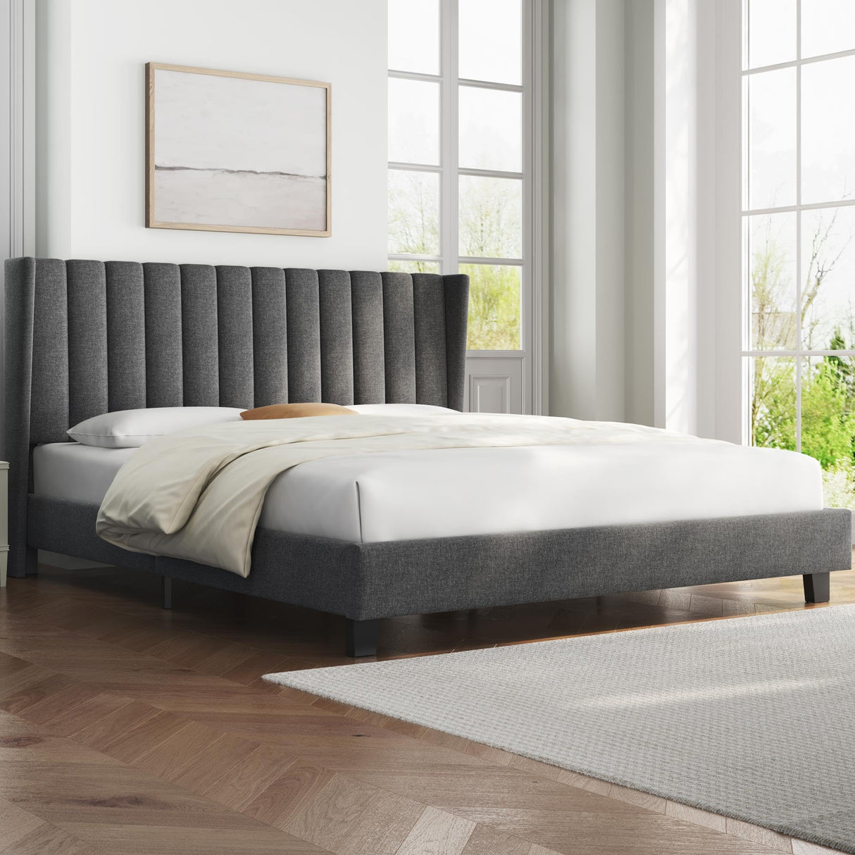 Yaheetech Dark Gray Upholstered King Bed Frame with Wing Design and Wooden Slat Support Yaheetech