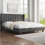 Yaheetech Dark Gray Upholstered King Bed Frame with Wing Design and Wooden Slat Support Yaheetech