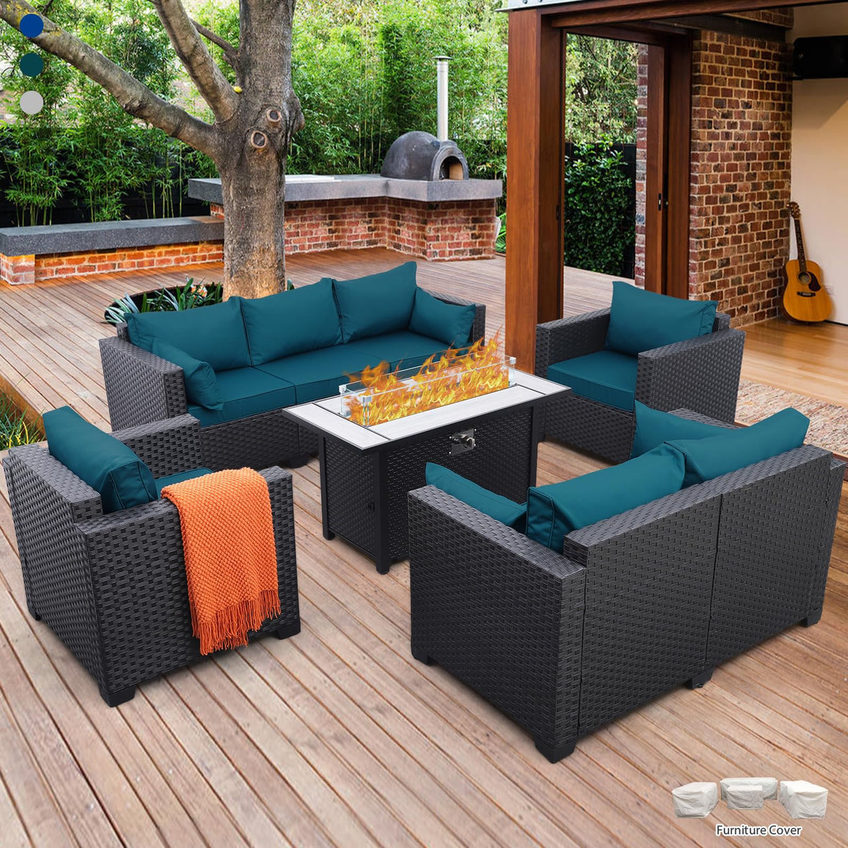 Rattaner Patio Furniture Set with 45In Fire Pit 5 Pieces Outdoor Furniture Sets Patio Couch Outdoor Chairs 60000 BTU Steel Propane Fire Pit Table No-Slip Cushions and Waterproof Covers, Peacock Blue Rattaner