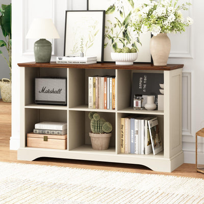 Athyrios 6 Cube Storage Organizer - 47.4" Farmhouse Wood Low Bookshelf, 3 Tier Horizontal Open Shelf Bookcase Cubby Storage Console Cabinet for Living Room, Entryway, Office, Antique White