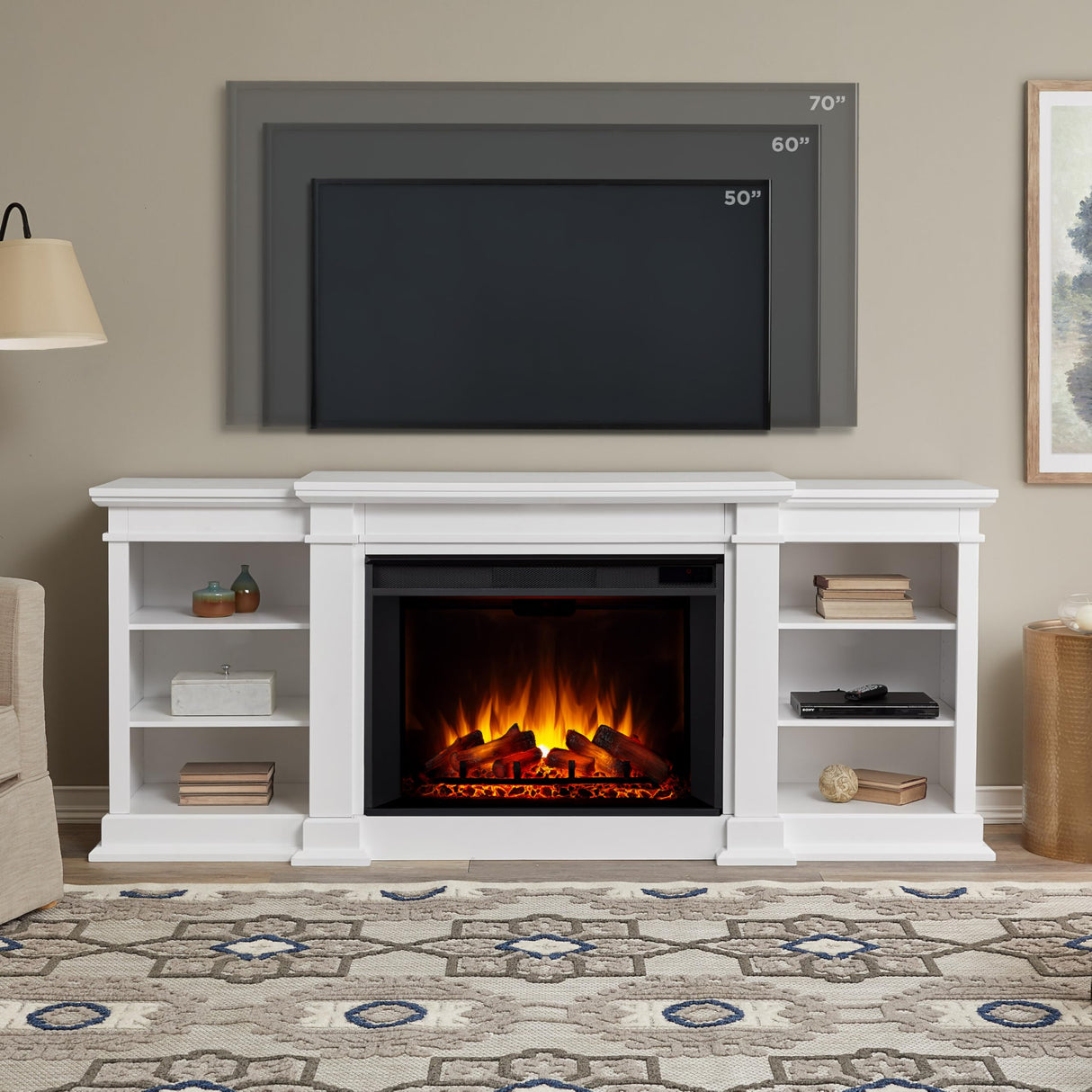 Real Flame Eliot 81" Grand Electric Fireplace TV Stand in White for TVs up to 80 inches, Entertainment Center with Adjustable Shelves and Storage, TV Stand for Living Room and Bedroom, Remote Control Real Flame