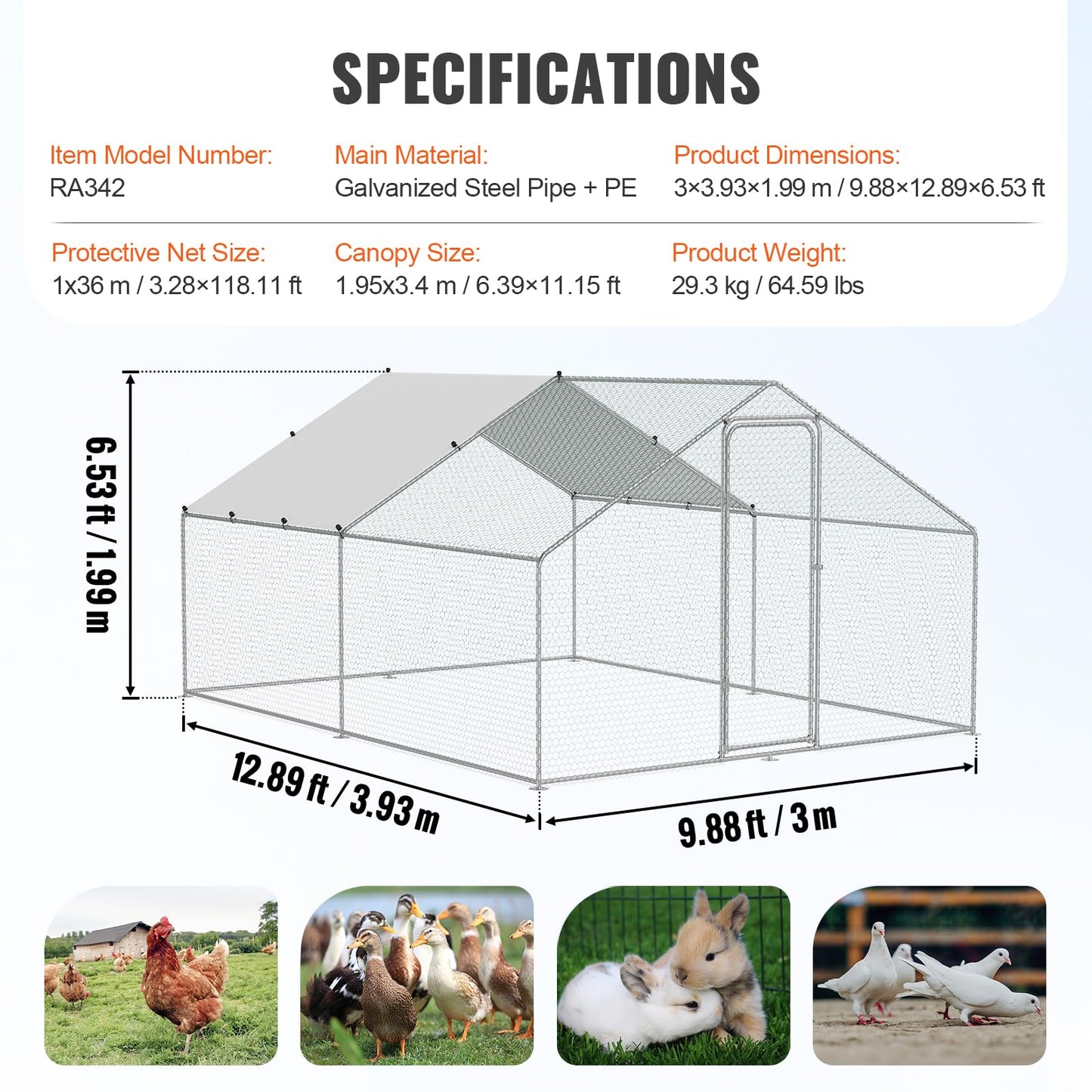 VEVOR Large Metal Chicken Coop, 12.9x9.8x6.5 ft Walk-in Chicken Runs for Yard with Cover, Spire Roof Hen House with Security Lock for Outdoor and Backyard, Farm, Duck Rabbit Cage Poultry Pen