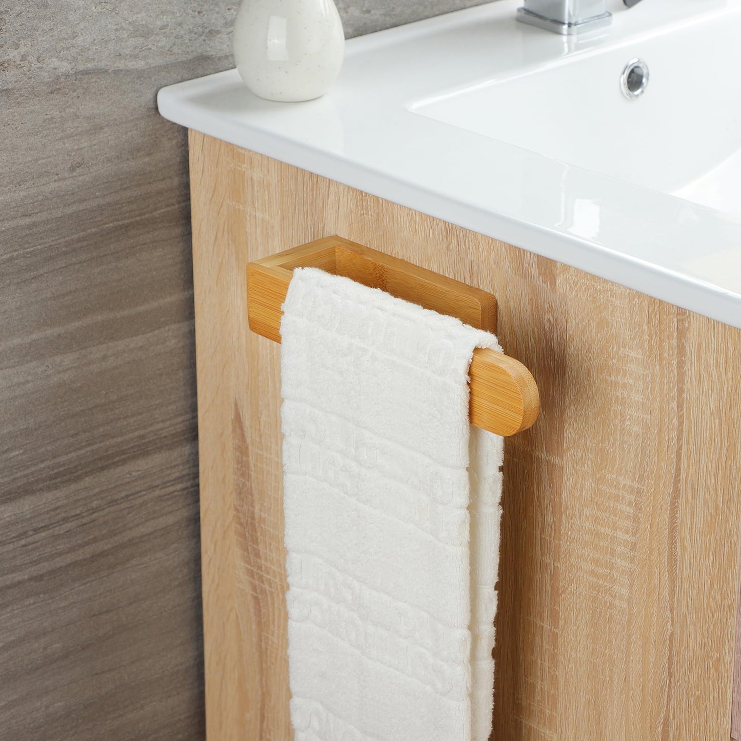 Taozun Towel Holder - Self Adhesive Bamboo Towel Rack, Decorative Natural Wooden Towel Rail for Bathroom, 8 Inch Wall Mounted Towel Bar for Kitchen